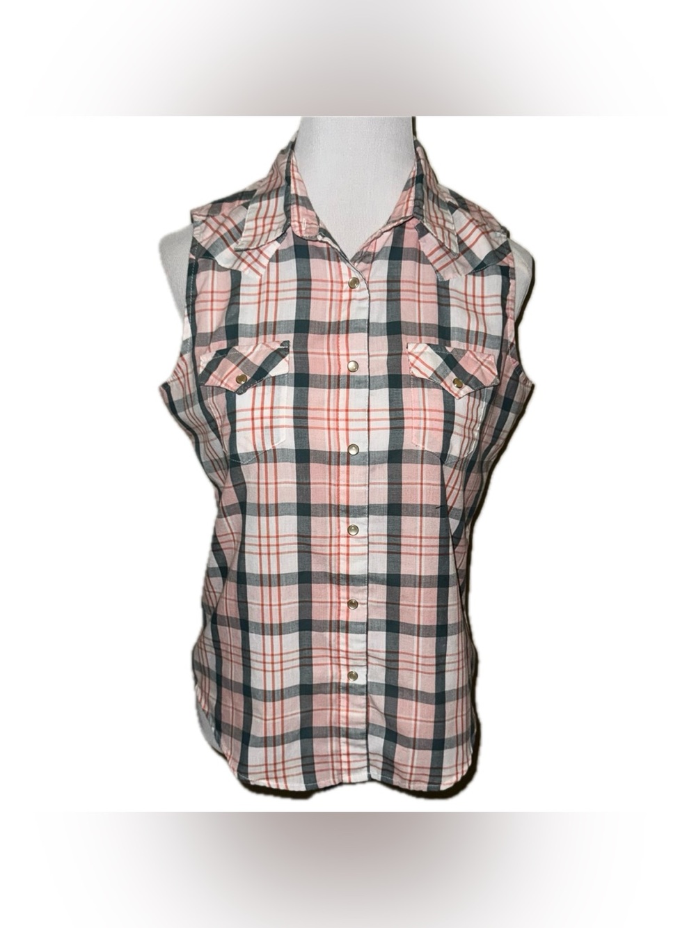 Wrangler Wrancher Plaid Snap-Front Western Style Sleeveless Shirt, Sz M